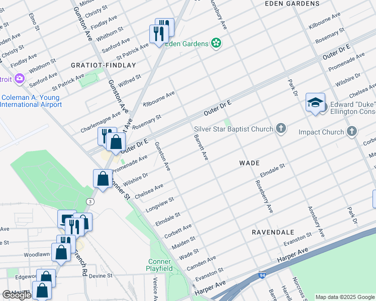 map of restaurants, bars, coffee shops, grocery stores, and more near 11807 Wilshire Drive in Detroit