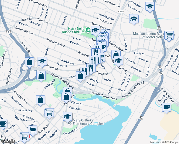map of restaurants, bars, coffee shops, grocery stores, and more near 40 Fenno Street in Revere