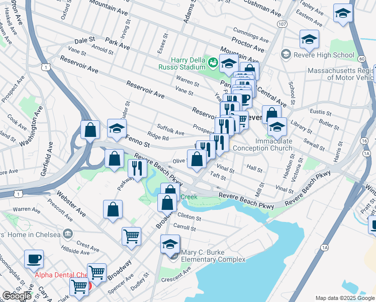 map of restaurants, bars, coffee shops, grocery stores, and more near 80 Fenno Street in Revere