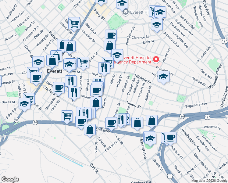 map of restaurants, bars, coffee shops, grocery stores, and more near 209 Vine Street in Everett