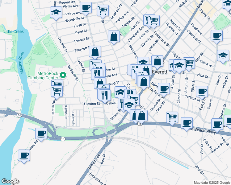 map of restaurants, bars, coffee shops, grocery stores, and more near 22 Hatch Street in Everett