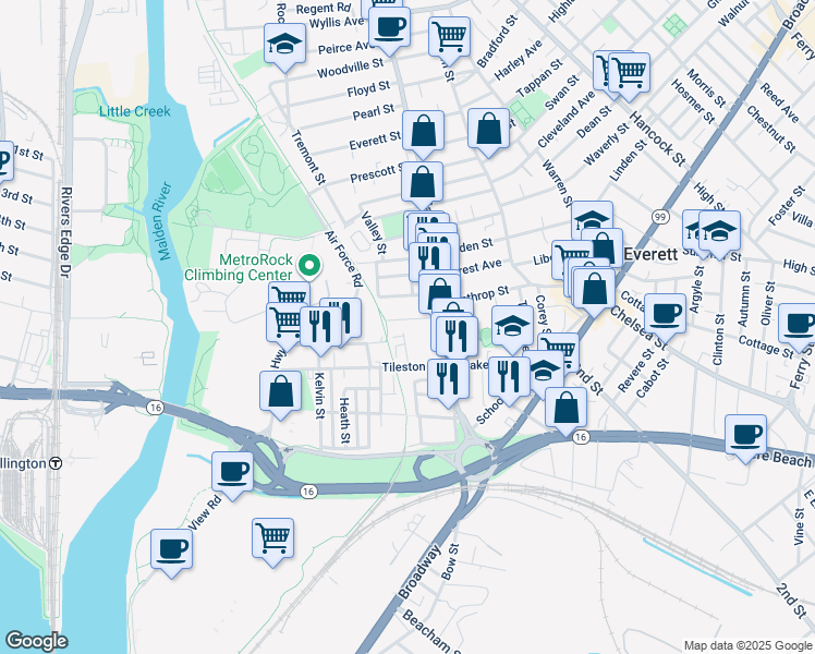 map of restaurants, bars, coffee shops, grocery stores, and more near 10 Parlin Street in Everett