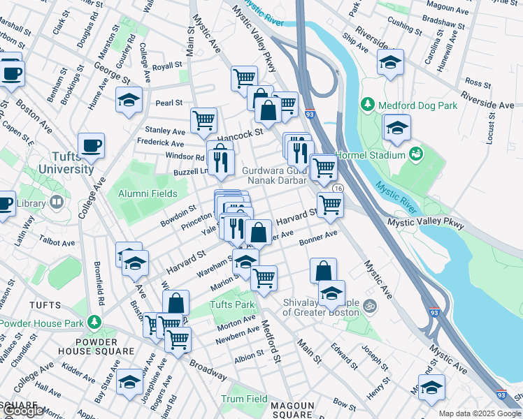 map of restaurants, bars, coffee shops, grocery stores, and more near 107 Willis Avenue in Medford