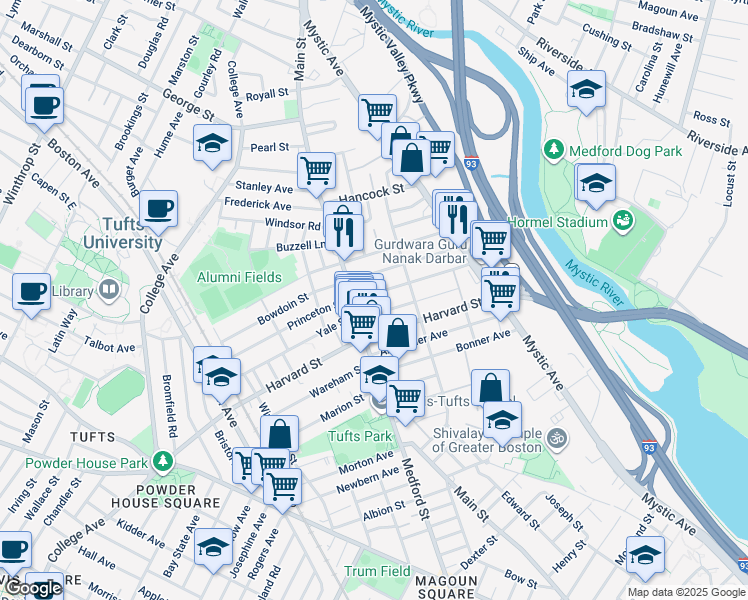map of restaurants, bars, coffee shops, grocery stores, and more near 19 Golden Avenue in Medford