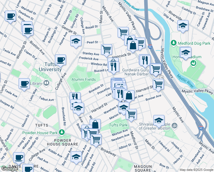 map of restaurants, bars, coffee shops, grocery stores, and more near 43 Bowdoin Street in Medford