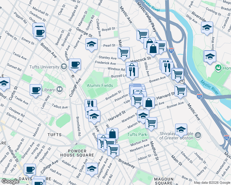 map of restaurants, bars, coffee shops, grocery stores, and more near 43 Bowdoin Street in Medford