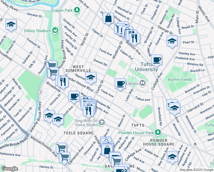 map of restaurants, bars, coffee shops, grocery stores, and more near 36 Sawyer Avenue in Medford