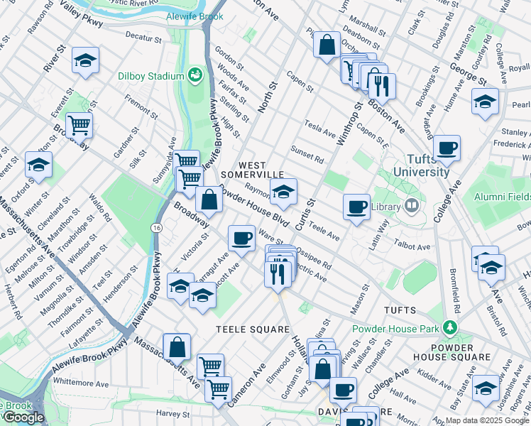 map of restaurants, bars, coffee shops, grocery stores, and more near 183 Powder House Boulevard in Somerville