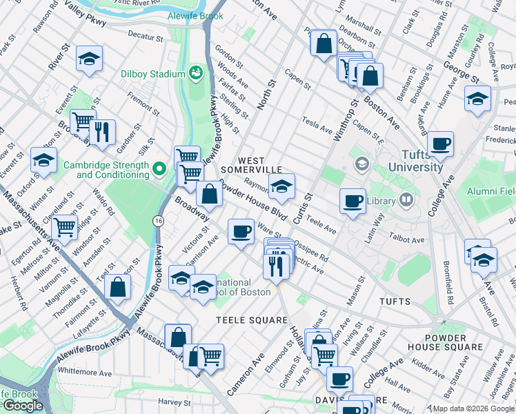 map of restaurants, bars, coffee shops, grocery stores, and more near 210 Powder House Boulevard in Somerville