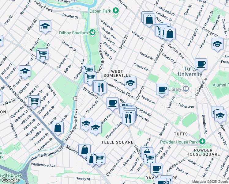 map of restaurants, bars, coffee shops, grocery stores, and more near 210 Powder House Boulevard in Somerville