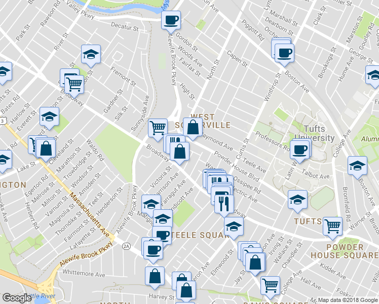 map of restaurants, bars, coffee shops, grocery stores, and more near 35 Barton Street in Somerville