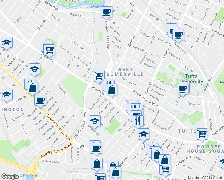 map of restaurants, bars, coffee shops, grocery stores, and more near 35 Barton Street in Somerville