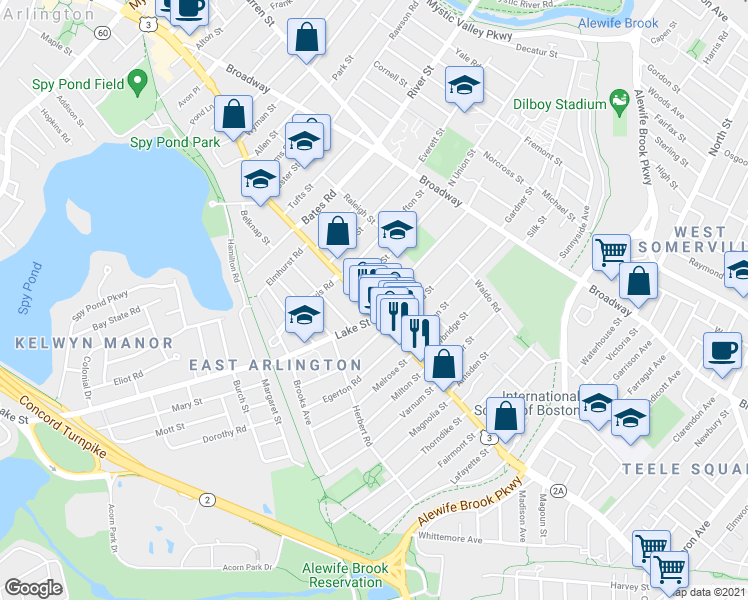 map of restaurants, bars, coffee shops, grocery stores, and more near 20 Winter Street in Arlington