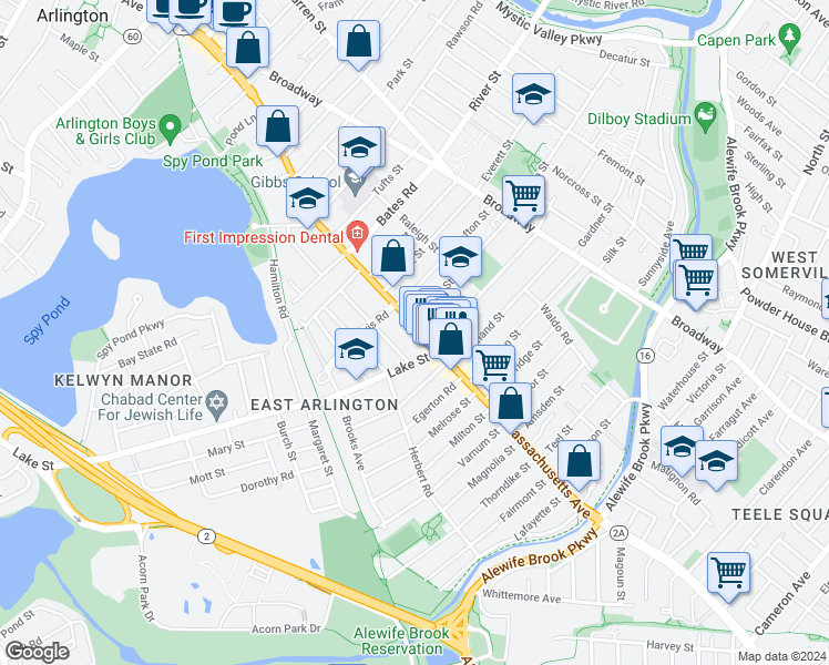 map of restaurants, bars, coffee shops, grocery stores, and more near 226 Massachusetts Avenue in Arlington