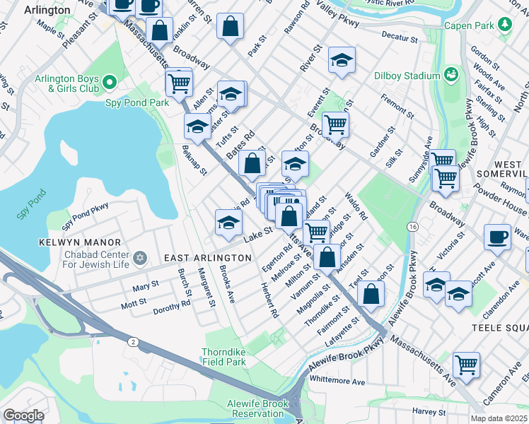 map of restaurants, bars, coffee shops, grocery stores, and more near 226 Massachusetts Avenue in Arlington