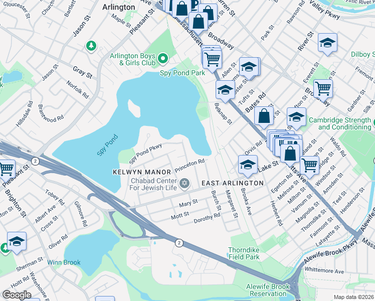 map of restaurants, bars, coffee shops, grocery stores, and more near 80 Spy Pond Lane in Arlington