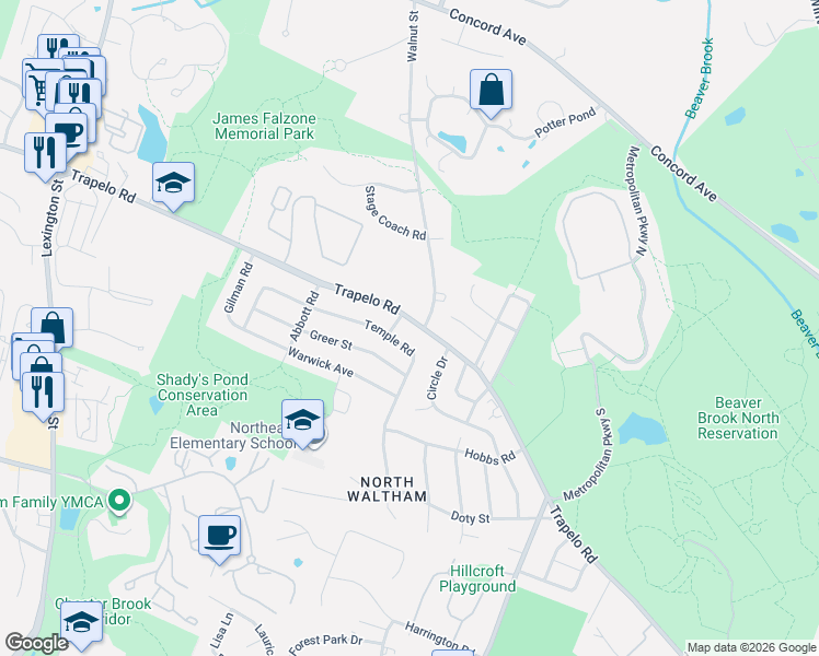 map of restaurants, bars, coffee shops, grocery stores, and more near 706 Trapelo Road in Waltham