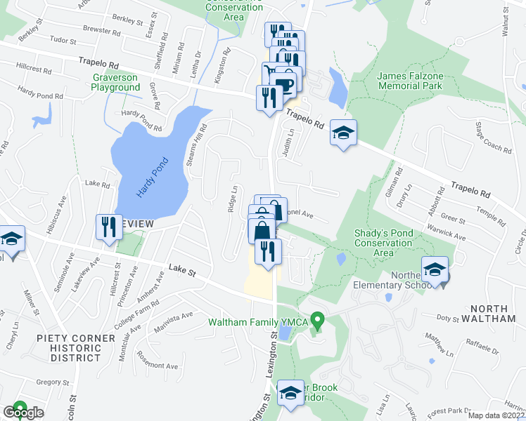 map of restaurants, bars, coffee shops, grocery stores, and more near 900 Lexington Street in Waltham