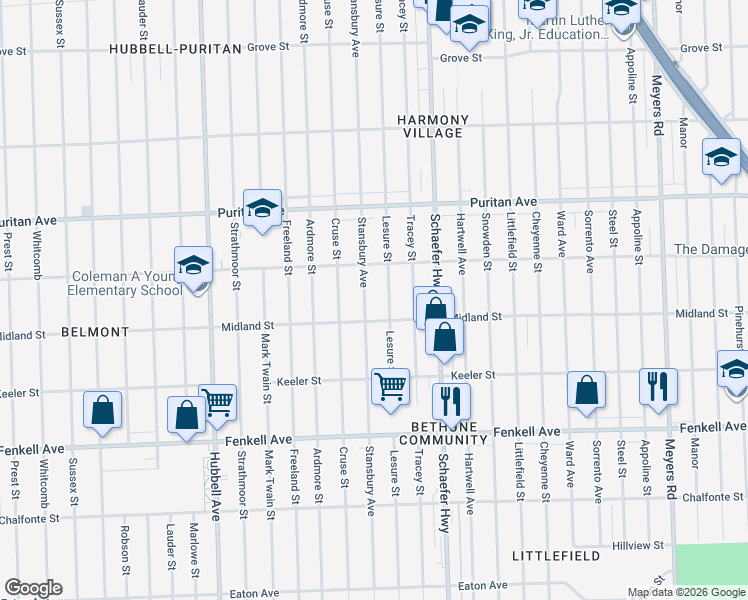 map of restaurants, bars, coffee shops, grocery stores, and more near 15747 Stansbury Avenue in Detroit