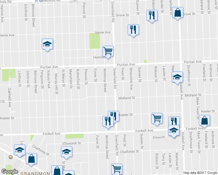 map of restaurants, bars, coffee shops, grocery stores, and more near 15751 Winthrop Street in Detroit
