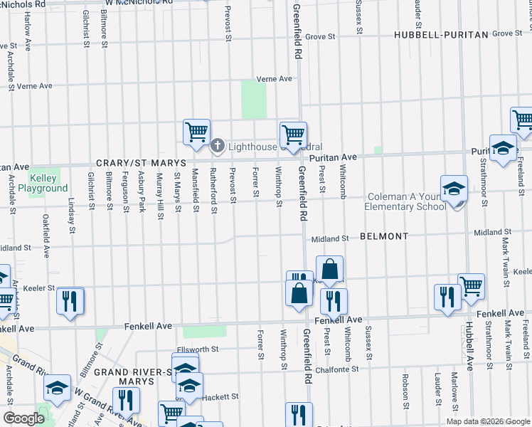 map of restaurants, bars, coffee shops, grocery stores, and more near 15751 Winthrop Street in Detroit