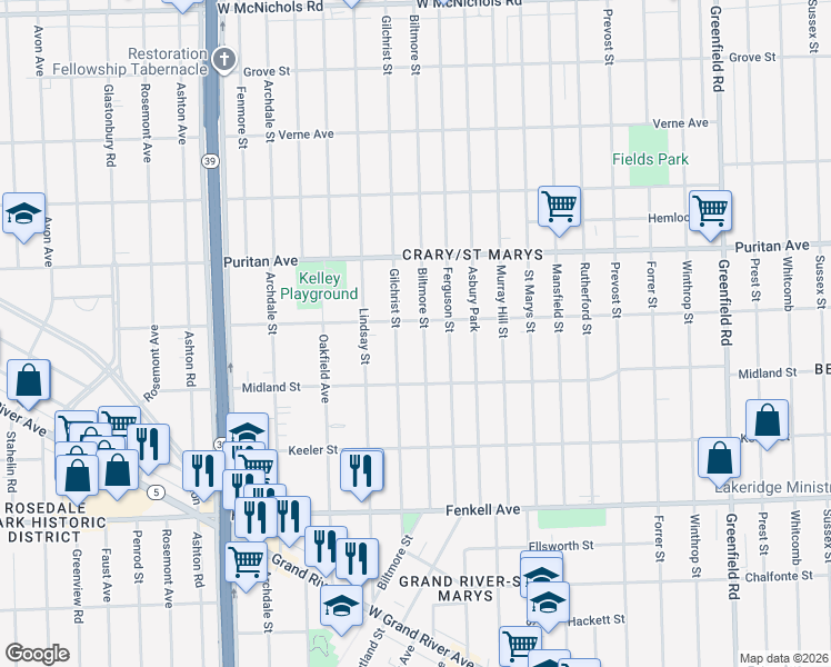 map of restaurants, bars, coffee shops, grocery stores, and more near 15787 Biltmore Street in Detroit