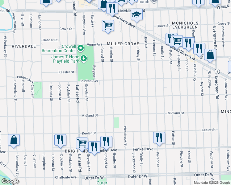 map of restaurants, bars, coffee shops, grocery stores, and more near 15842 Bentler Street in Detroit