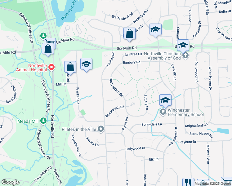 map of restaurants, bars, coffee shops, grocery stores, and more near 16473 Old Bedford Road in Northville