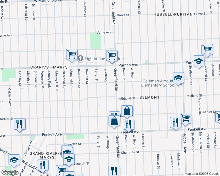 map of restaurants, bars, coffee shops, grocery stores, and more near 15751 Winthrop Street in Detroit