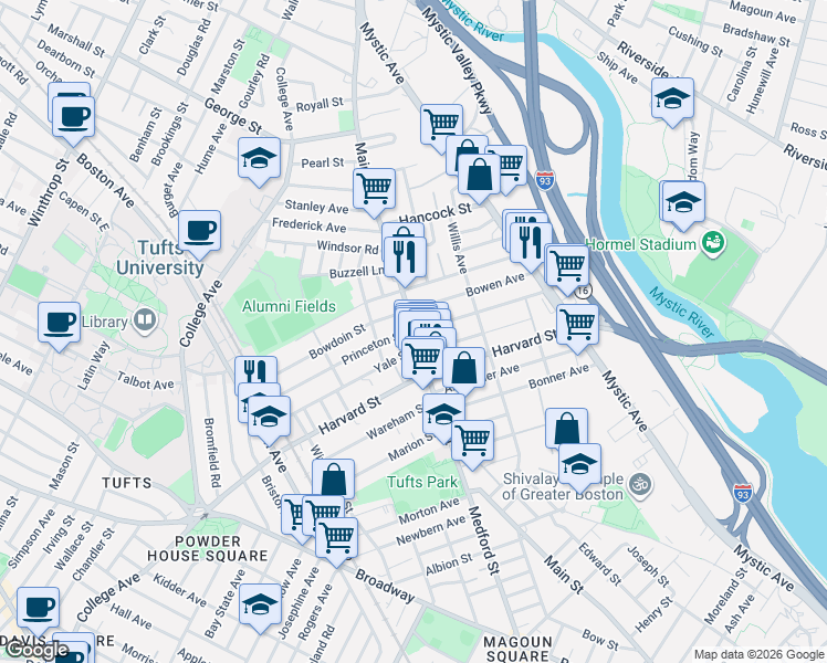 map of restaurants, bars, coffee shops, grocery stores, and more near Main Street in Medford