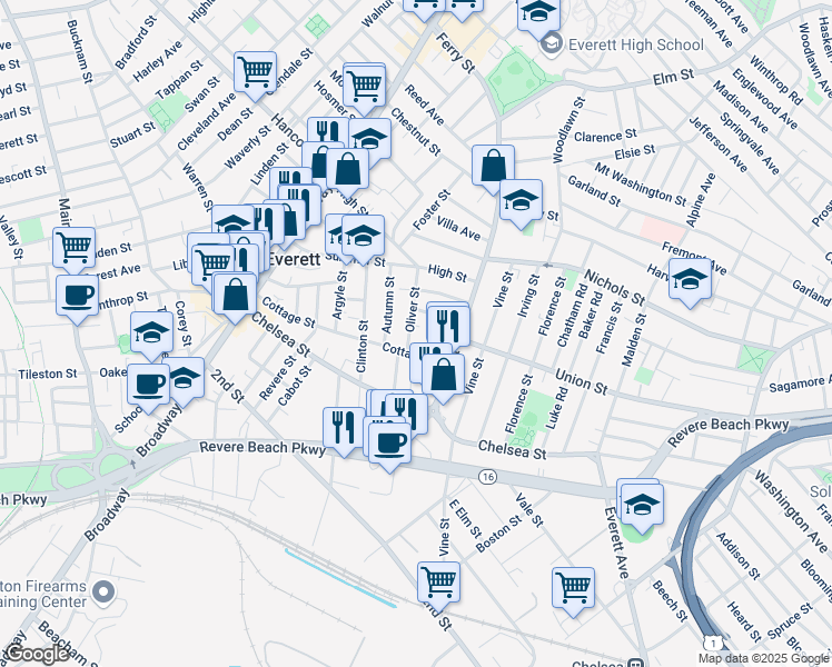 map of restaurants, bars, coffee shops, grocery stores, and more near 13 Oliver Street in Everett