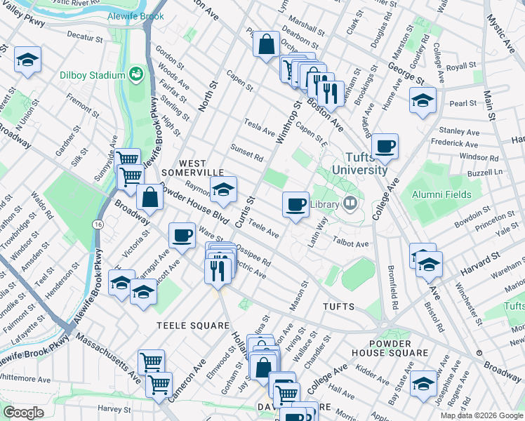map of restaurants, bars, coffee shops, grocery stores, and more near 36 Sawyer Avenue in Medford