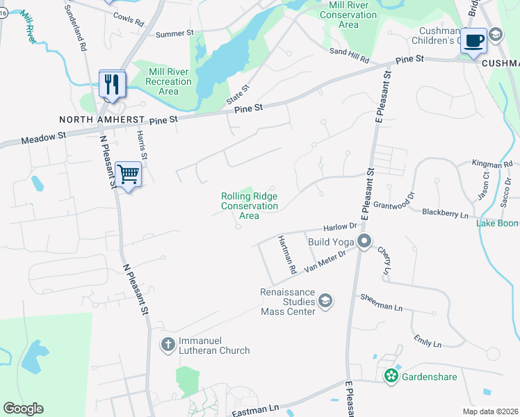 map of restaurants, bars, coffee shops, grocery stores, and more near 151 Rolling Ridge Road in Amherst