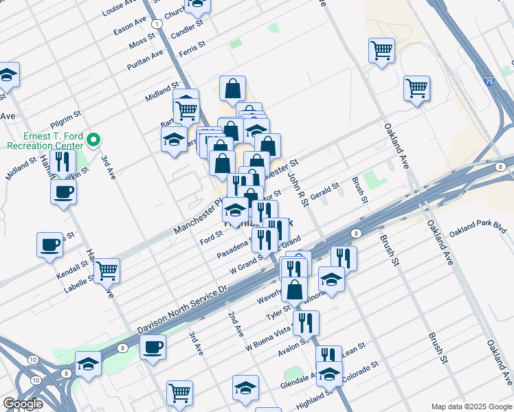 map of restaurants, bars, coffee shops, grocery stores, and more near 8 Victor Street in Highland Park