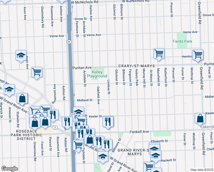map of restaurants, bars, coffee shops, grocery stores, and more near 15790 Lindsay Street in Detroit
