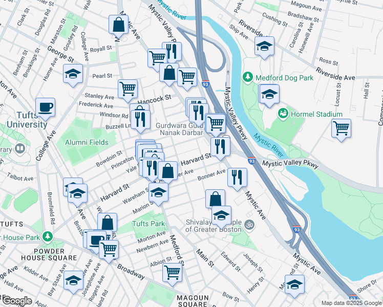 map of restaurants, bars, coffee shops, grocery stores, and more near 91 Wright Avenue in Medford