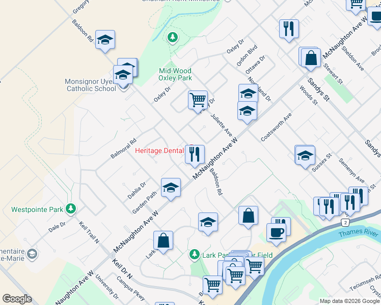 map of restaurants, bars, coffee shops, grocery stores, and more near 368 Baldoon Road in Chatham