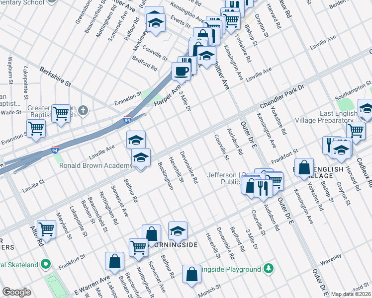 map of restaurants, bars, coffee shops, grocery stores, and more near 5601 Bedford Street in Detroit