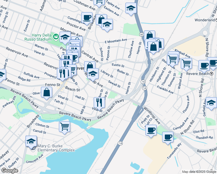 map of restaurants, bars, coffee shops, grocery stores, and more near 160 Winthrop Avenue in Revere