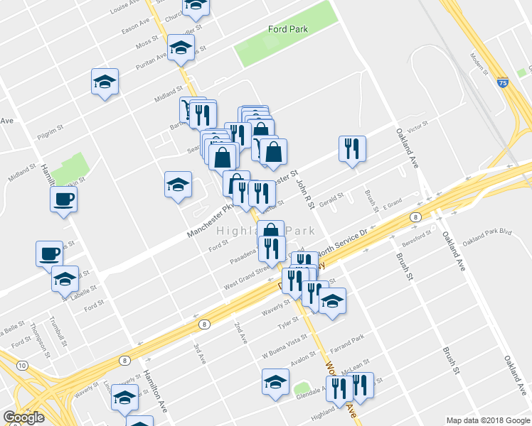 map of restaurants, bars, coffee shops, grocery stores, and more near 12 Victor Street in Highland Park