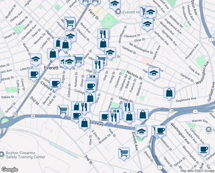 map of restaurants, bars, coffee shops, grocery stores, and more near 96 Irving Street in Everett