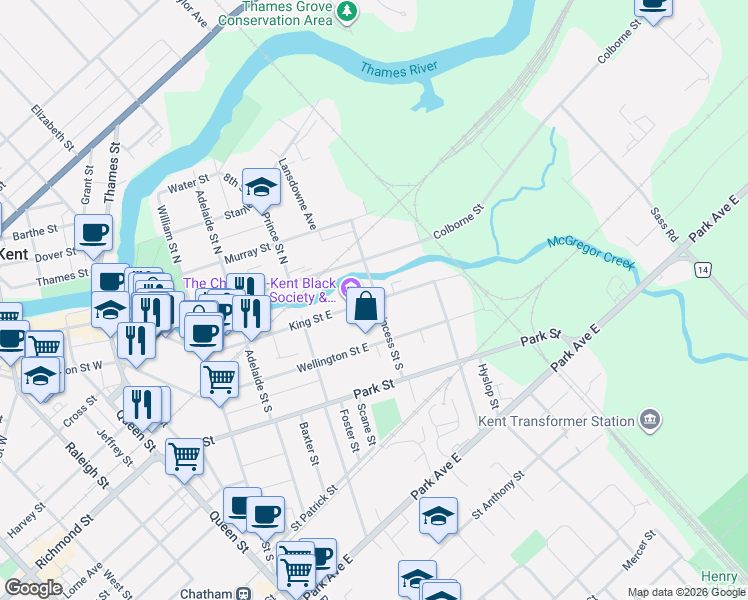 map of restaurants, bars, coffee shops, grocery stores, and more near 187 King Street East in Chatham-Kent