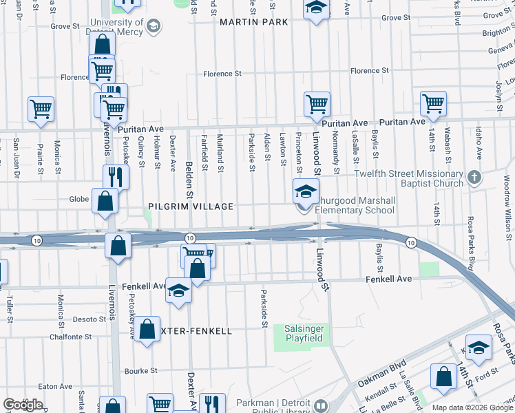 map of restaurants, bars, coffee shops, grocery stores, and more near 15518 Parkside Street in Detroit