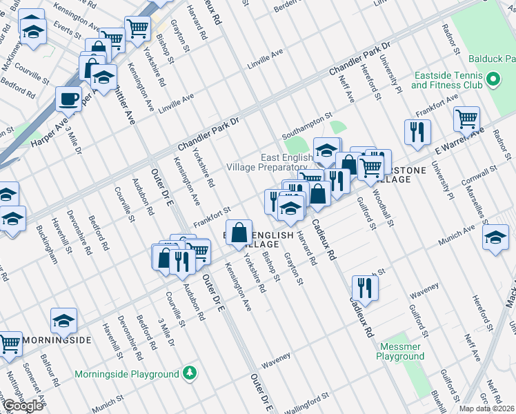 map of restaurants, bars, coffee shops, grocery stores, and more near 5106 Bishop Street in Detroit