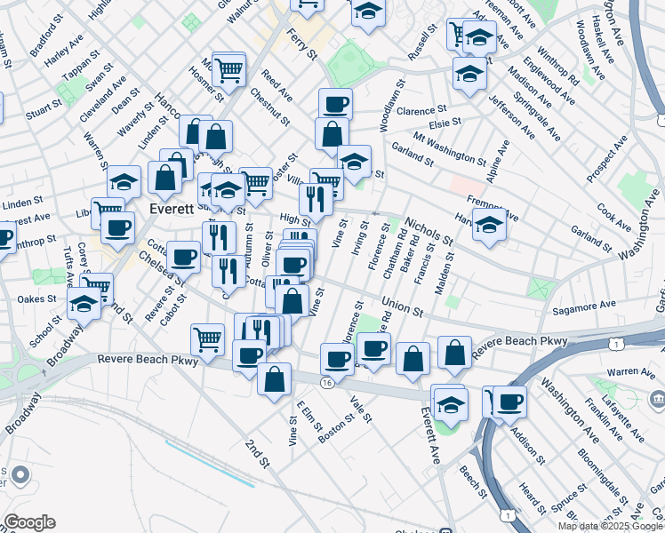 map of restaurants, bars, coffee shops, grocery stores, and more near 209 Vine Street in Everett