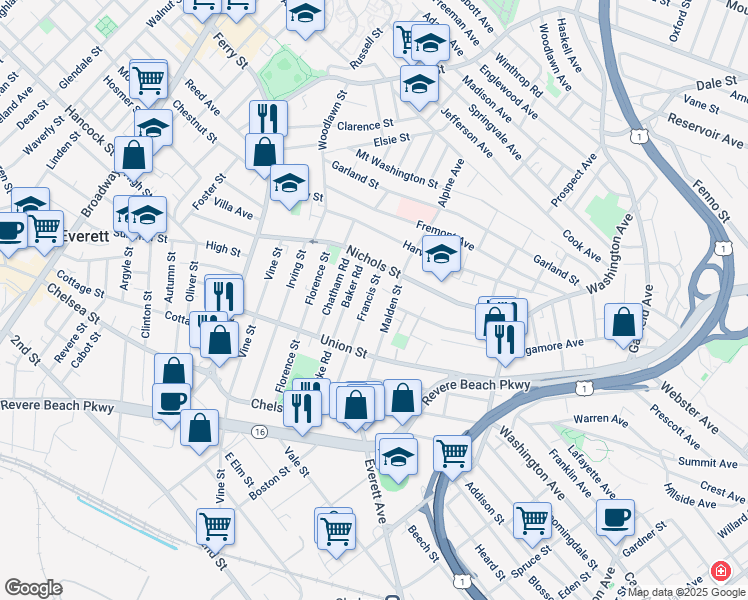 map of restaurants, bars, coffee shops, grocery stores, and more near 109 Francis Street in Everett