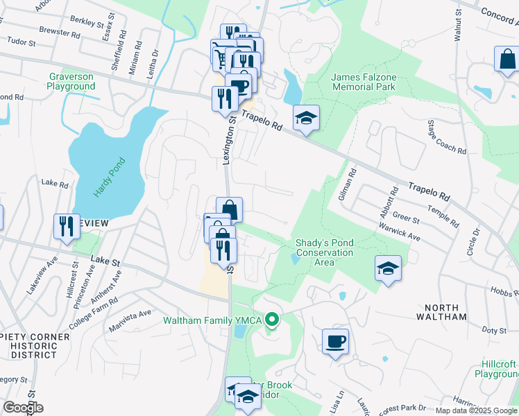 map of restaurants, bars, coffee shops, grocery stores, and more near 42 Lionel Avenue in Waltham