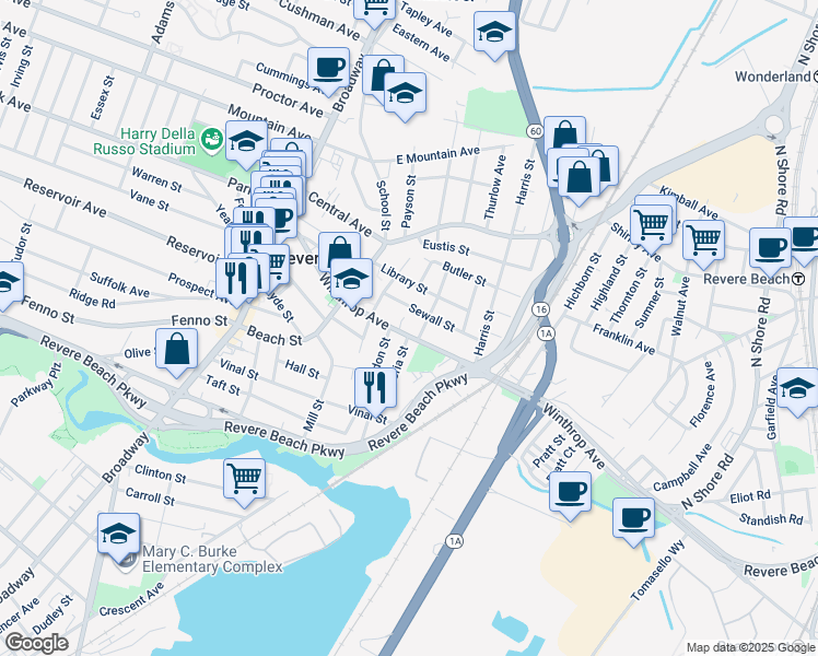 map of restaurants, bars, coffee shops, grocery stores, and more near 160 Winthrop Avenue in Revere