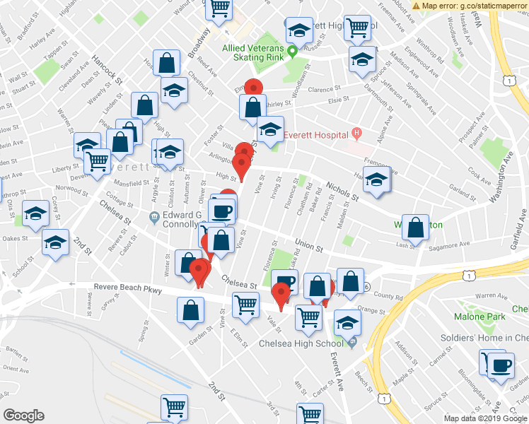 map of restaurants, bars, coffee shops, grocery stores, and more near 101 Irving Street in Everett