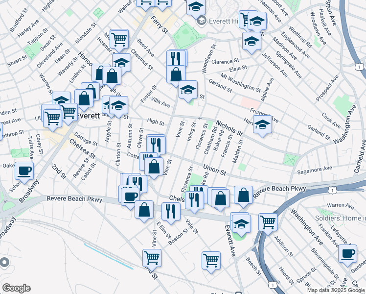 map of restaurants, bars, coffee shops, grocery stores, and more near 209 Vine Street in Everett